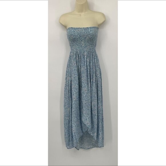 Patrons of Peace strapless midi dress blue floral smocked elastic faux wrap XS - Picture 2 of 5